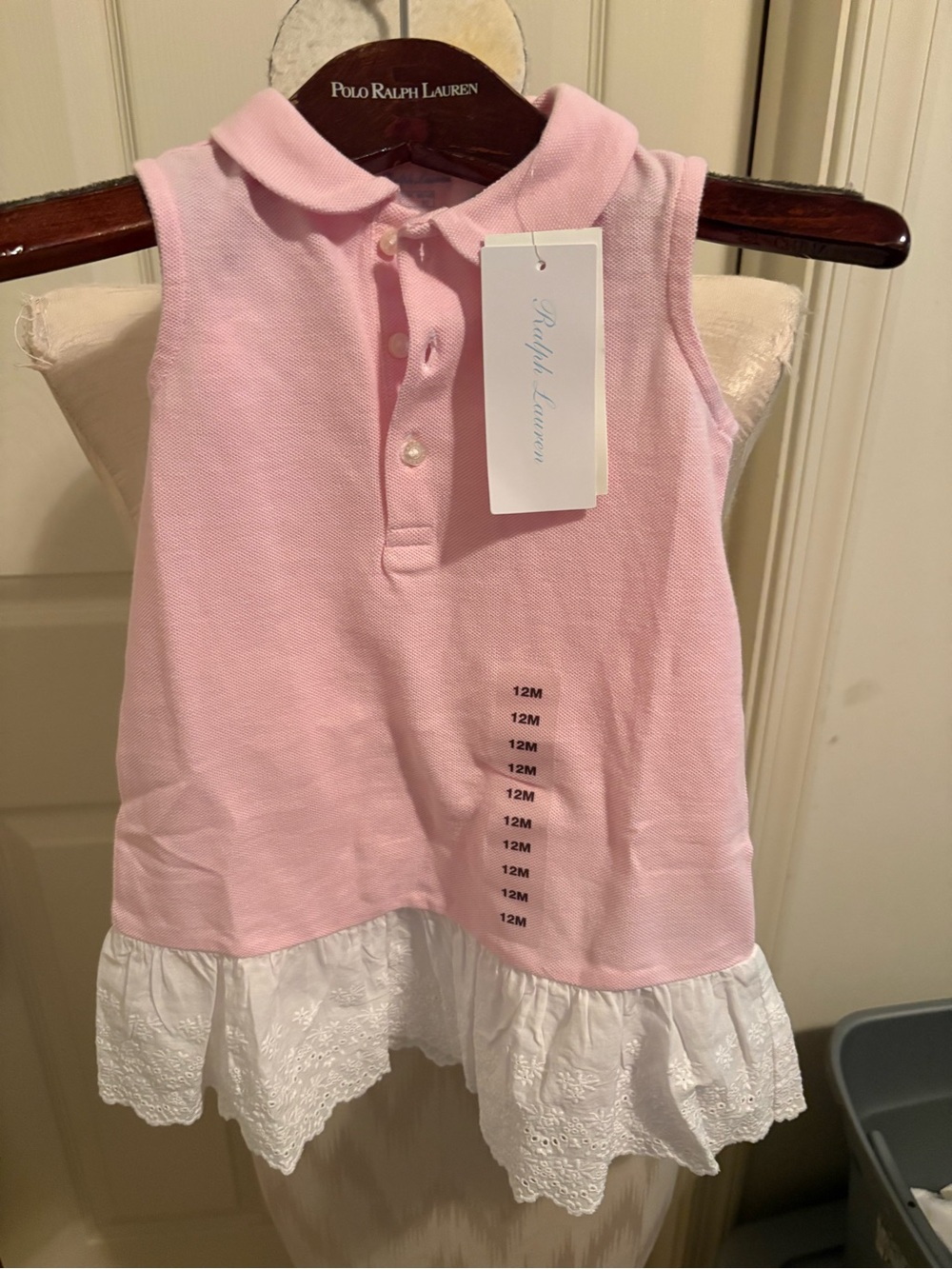 Ralph Lauren 12m nwt Pink Sleeveless Polo dress with White Eyelet Hem - Kids $55